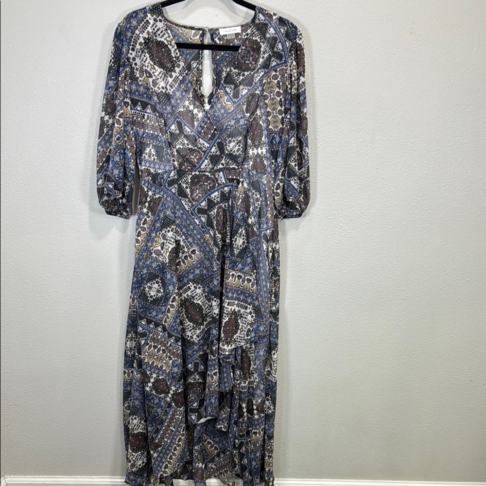 Calvin Klein Blue and White faux wrap bandana print dress high‎ low